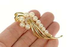 14K Yellow Gold Retro Pearl Diamond Accent Swirl Wavy Pin/Brooch