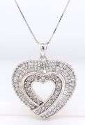 10kt White gold Baguette and round diamond heart shaped pendant on chain necklace