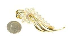 14K Yellow Gold Retro Pearl Diamond Accent Swirl Wavy Pin/Brooch