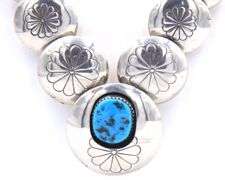 Navajo graduated sterling silver pillow turquoise stamped bead necklace