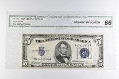 CGAI Gem Unc 66 $5 1934-C US Silver Certificate Blue Seal FR-1653