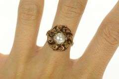 8K Yellow Gold Art Nouveau Pearl Floral Swirl Cocktail Ring