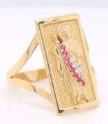 14kt Yellow gold square saint Jude red and white cubic zirconia ring