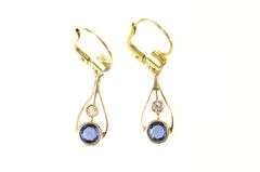14K Yellow Gold Victorian Syn. Sapphire CZ Ornate Dangle Earrings