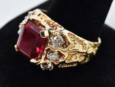 Handsome 14K Yellow Gold Sapphire and Diamond Men's Ring