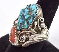 Native American Sterling Silve Turquoise and Coral Gemstone Ring