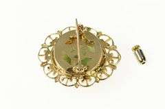 14K Yellow Gold Oval Aventurine Retro Scalloped Filigree Pin/Brooch
