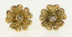 14K Yellow Gold 3D Diamond Ornate Flower Vintage Stud Earrings