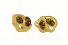 18K Yellow Gold Fire Agate Abstract Retro Artisan Clip Back Earrings