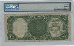 Nice 1907 Series Large Size $5 Woodchopper note. PMG VF25. Scarce PCBLIC error