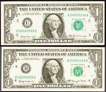 (2) Superb Crisp $1 Notes Scarce Matching Three Digit Numbers 00000299!