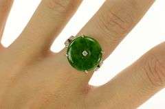 18K White Gold Jade Diamond Round Ornate Statement Ring