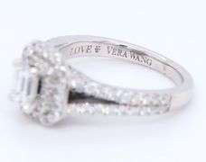 14kt White gold Vera Wang love collection 1-1/3ct emerald cut diamond split shank frame engagement ring