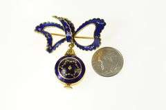 18K Yellow Gold Altair Victorian Blue Enamel Watch Bow Pin/Brooch