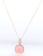 14kt Yellow gold cushion pink opal and topaz halo pendant on chain