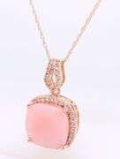 14kt Yellow gold cushion pink opal and topaz halo pendant on chain