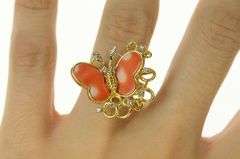 18K Yellow Gold Coral Diamond Butterfly Hinged Band Cocktail Ring