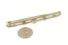14K White Gold Art Deco Diamond Syn. Sapphire Filigree Bar Pin/Brooch