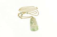 14K Yellow Gold Carved Floral Jade Talisman Statement Chain Necklace