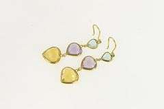 14K Yellow Gold Amethyst Topaz Citrine Heart Dangle Earrings