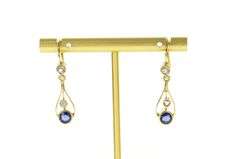 14K Yellow Gold Victorian Syn. Sapphire CZ Ornate Dangle Earrings