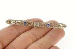 14K White Gold Art Deco Diamond Syn. Sapphire Filigree Bar Pin/Brooch