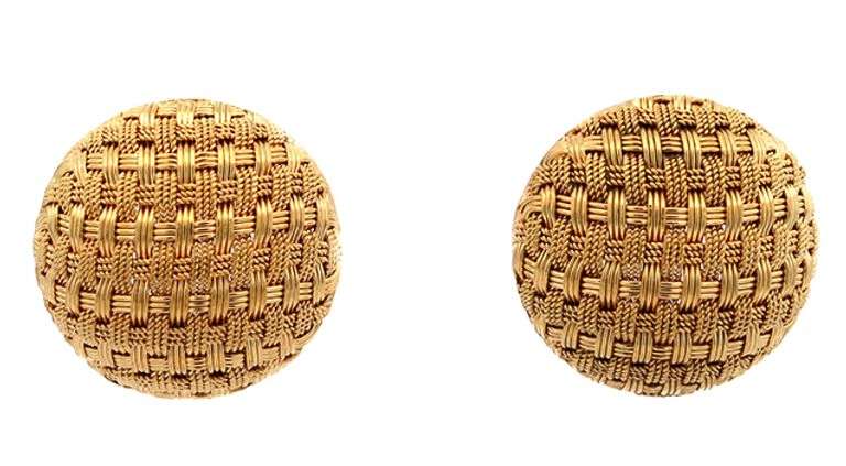 Woven Dome Button Omega Backing Earrings in 18K