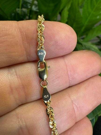10k Yellow Gold Hollow Diamond-Cut Rope Link Chain 3mm Bracelet 7"