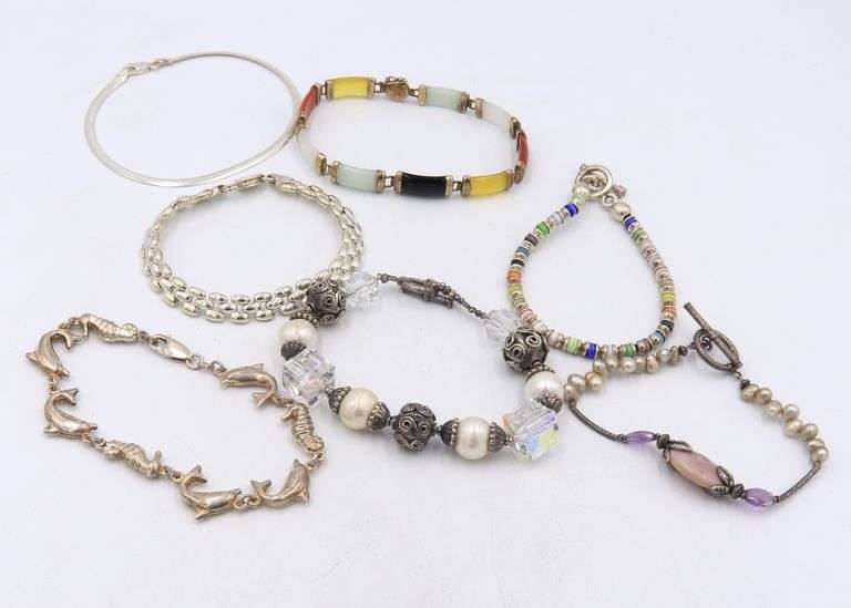 Group lot of vintage 925 sterling silver crystal, Pearl and Jade bracelets