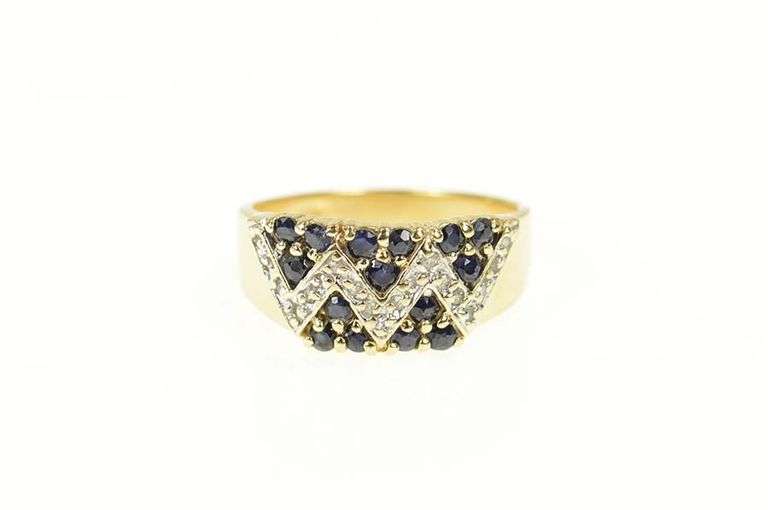 14K Yellow Gold Zig Zag Diamond Sapphire Cluster Band Ring
