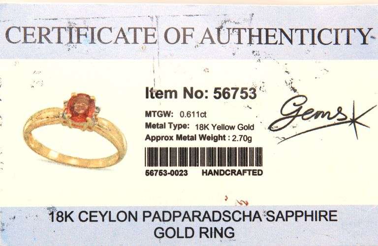 18kt Yellow gold 0.56ct Padaradscha sapphire and diamond accent ring