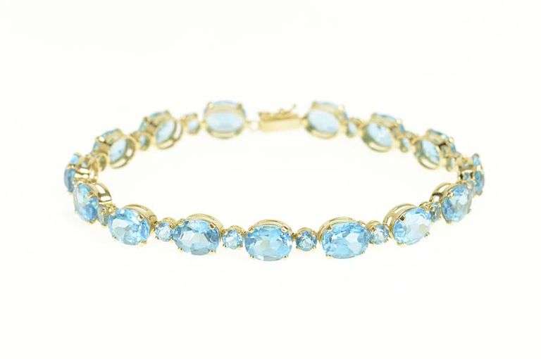 14K Yellow Gold Oval Blue Topaz Statement Classic Bracelet
