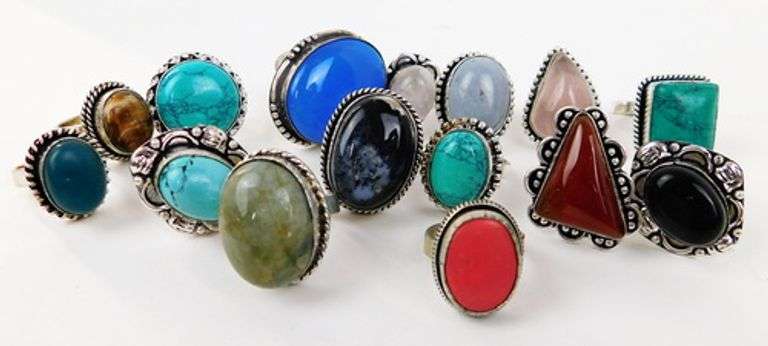 Lot of 15 Silver Semi-Precious Statement Rings