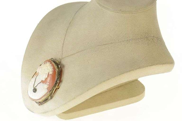 14K Yellow Gold Victorian Diamond Necklace Carved Cameo Pendant/Pin