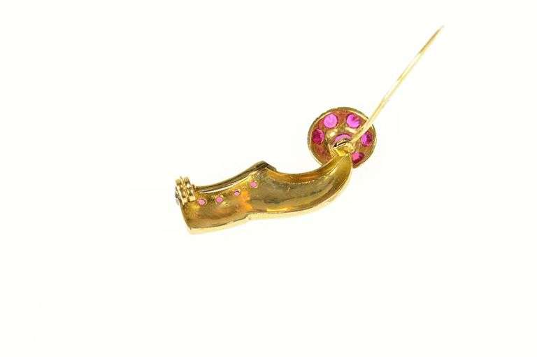 14K Yellow Gold Victorian Syn. Ruby Slipper Statement Pin/Brooch