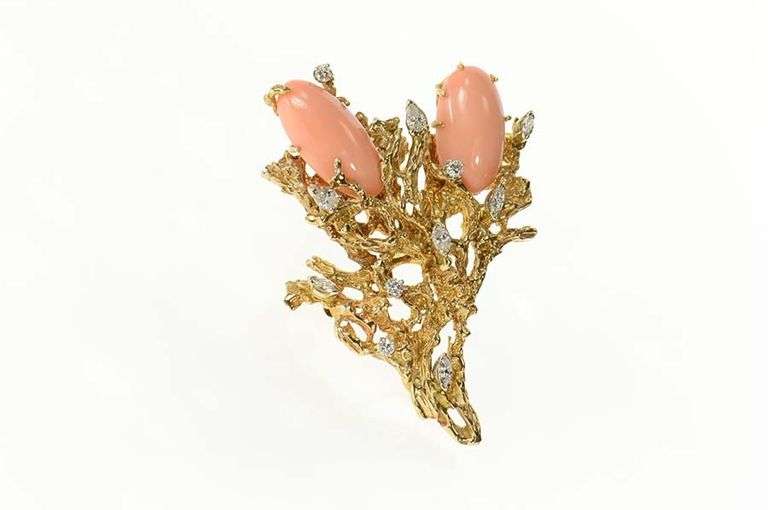 14K Yellow Gold 1960's Coral Diamond Floral Statement Pendant/Pin