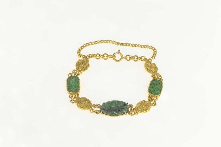 24K Yellow Gold Ornate Carved Chinese Jade Flower Bracelet