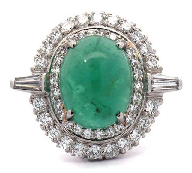 Vintage 5.00ct Emerald Cabochon and 1.25ctw Diamond Double Frame Ring in Platinum