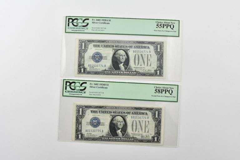 (2) PCGS Choice Abt New 55/58 PPQ $1 1928-A/B Silver Cert Fr 1601/1602