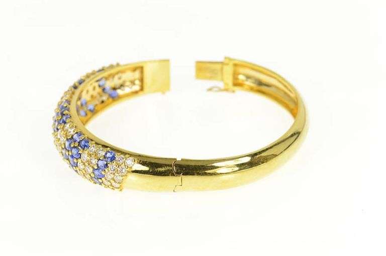 18K Yellow Gold 17.90 Ctw Sapphire Diamond Pave Bangle Bracelet