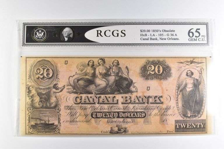 RCGS Gem CU 65 PQ $20 1850s New Orleans, LA Canal Bank Note