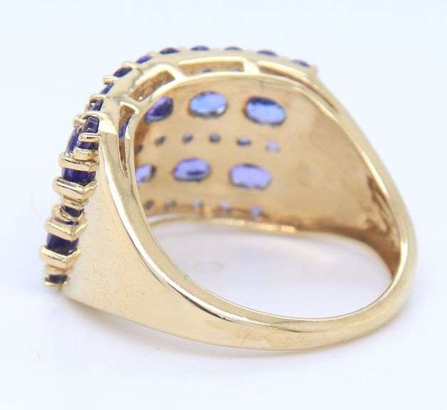 14kt Yellow gold oval and round Tanzanite cluster wide band