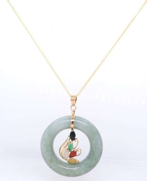 14kt Yellow gold multi color Jade bezel circle pendant on chain necklace