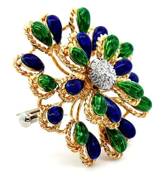 Vintage Italian Enamel and 0.08ctw Pave Diamond Brooch in 18K