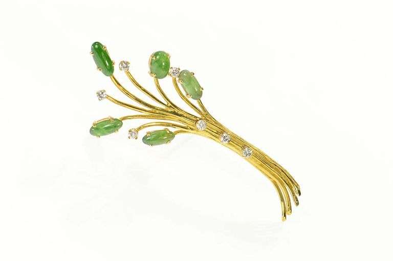 18K Yellow Gold Jade Diamond Retro Tree Statement Pin/Brooch