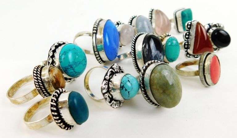 Lot of 15 Silver Semi-Precious Statement Rings