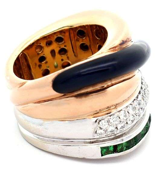 La Nouvelle Bague Diamond Tsavorite and Enamel Wide Band Ring in 18K
