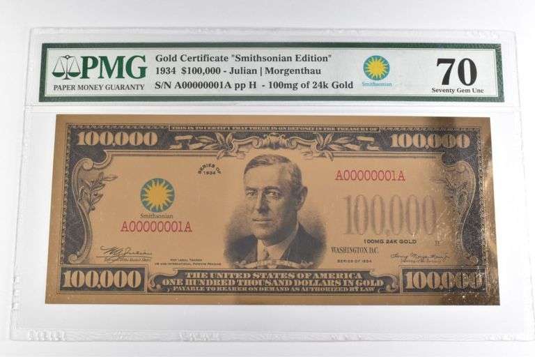 PMG Gem Unc 70 $100000 1934 Gold Certificate Smithsonian ED 100mg Gold