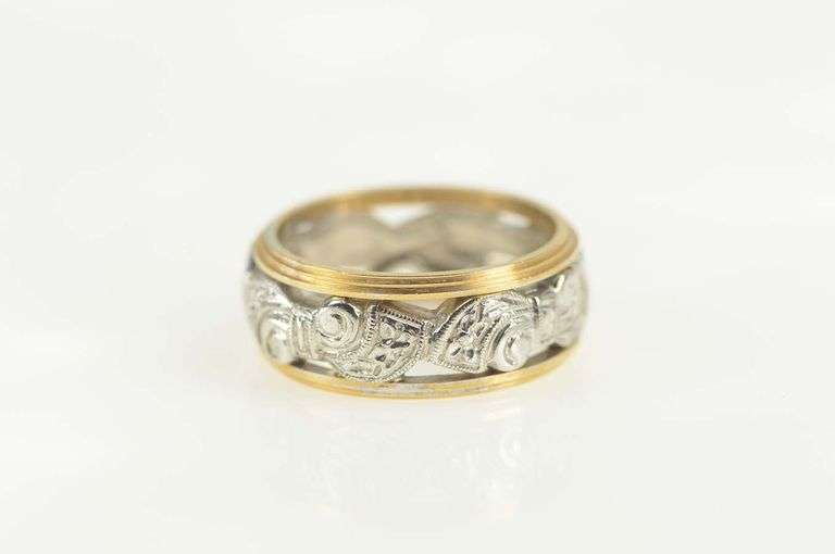14K White Gold 1930's Ornate Two Tone Scroll Wedding Band Ring