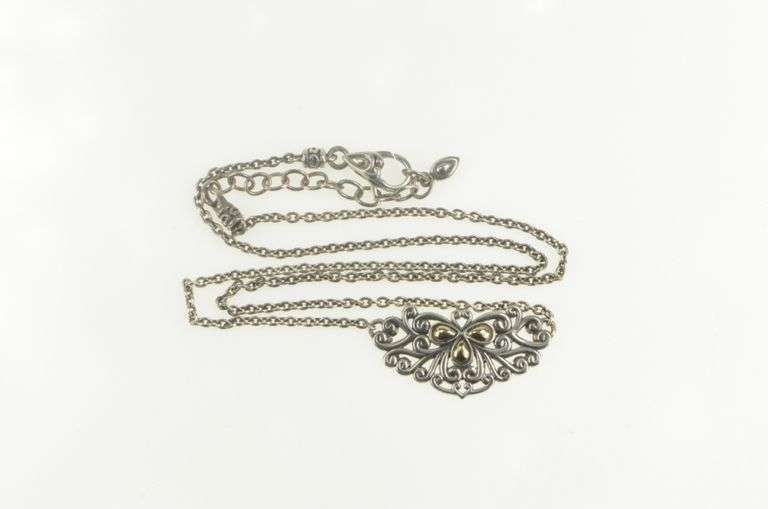Sterling Silver Ornate Two Tone Scroll Heart Love Symbol Necklace